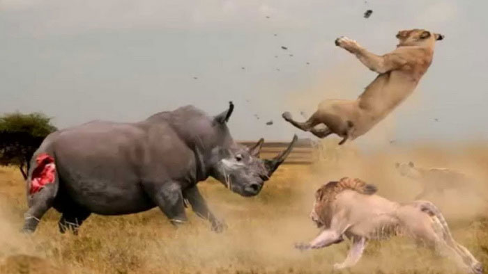 Носорог сражается со львами