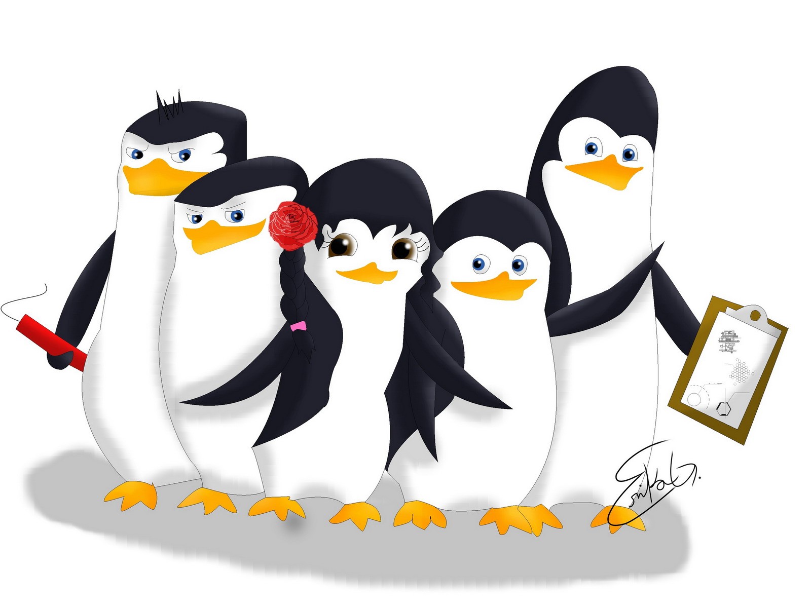 Пять весёлых игрушечных пингвинов, обои для рабочего стола